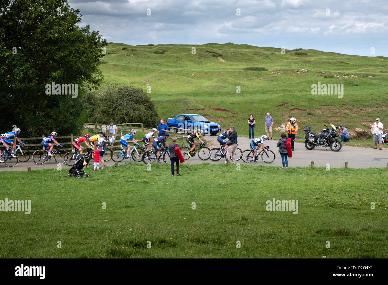 Warwick, UK. 15th June 2018. Lotta Lepisto leads a group on the climb in Burton Dassett Hills on stage 3 of the Ovo energy Womens Cycle Tour. Credit: lovethephoto/Alamy Live News Stock Photo