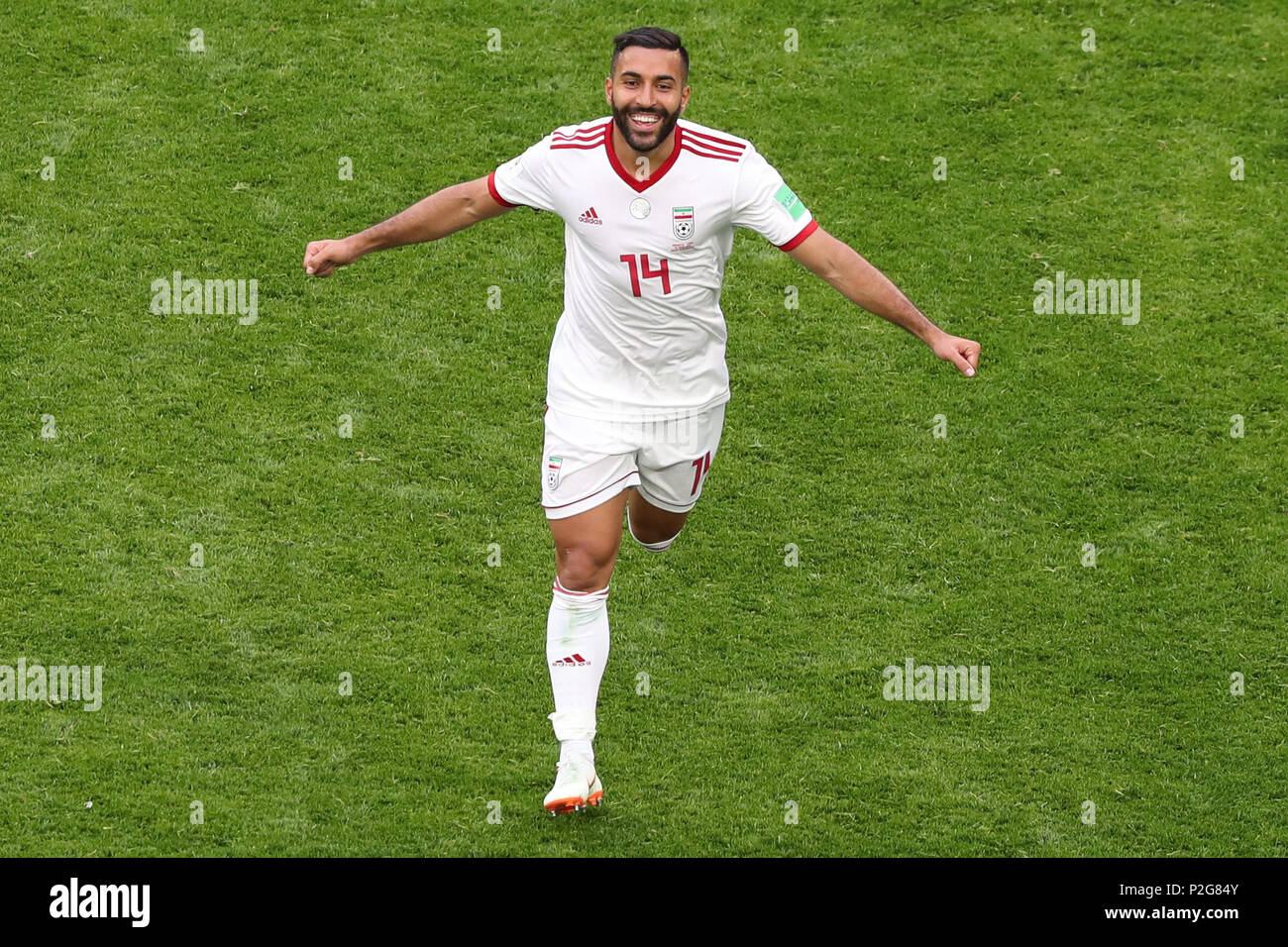 Saint Petersburg, Russia. 15th June, 2018. Iran's Saman Ghoddos celebrates his team win after the final whistle of the FIFA World Cup 2018 Group B soccer match between Iran and Morocco at the Saint Petersburg Stadium, in Saint Petersburg, Russia, 15 June 2018. Credit: Saeid Zareian/dpa/Alamy Live News Stock Photo
