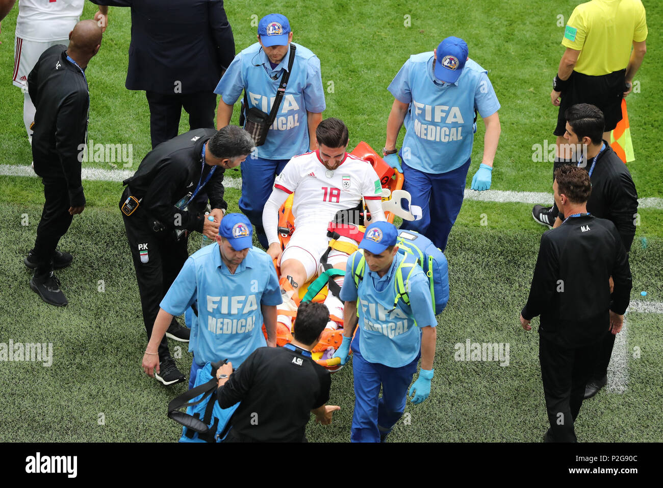 Saint Petersburg, Russia. 15th June, 2018. Iran's Alireza Jahanbakhsh carried off the pitch after an injury during the FIFA World Cup 2018 Group B soccer match between Morocco and Iran at the Saint Petersburg Stadium, in Saint Petersburg, Russia, 15 June 2018. Credit: Saeid Zareian/dpa/Alamy Live News Stock Photo