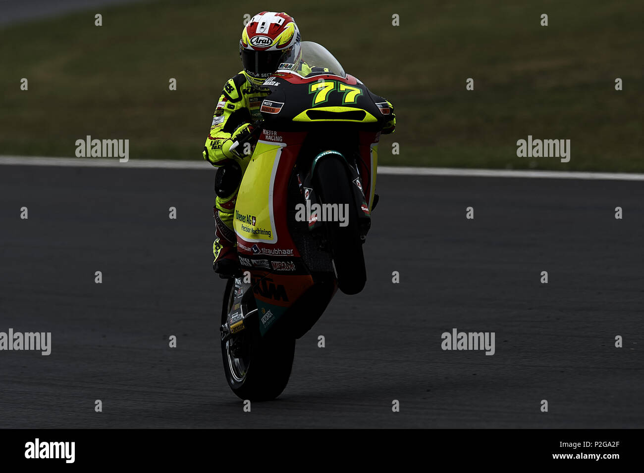 Montmelo, Spain. 15th Jun, 2018. Dominique Aegerter (77) of Switzerland and  Kiefer Racing KTMduring the free practice of the Gran Premi Monster Energy  de Catalunya, Circuit of Catalunya, Montmelo, Spain.On 15 june
