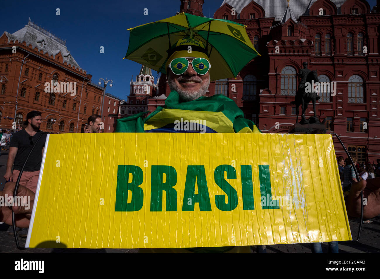 Moscow, Russia. 15th June, 2018. Brasilian fans walking around of the Moscow's center during the 2018 FIFA World Cup Russia Credit: Nikolay Vinokurov/Alamy Live News Stock Photo