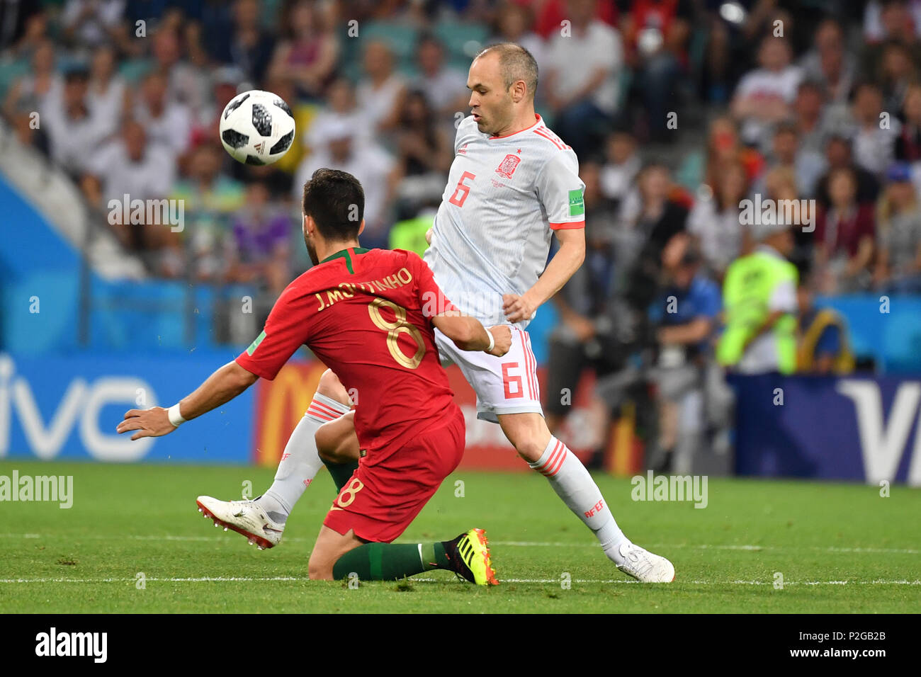 Sochi, Russland. 15th June, 2018. Andres INIESTA (ESP), Action, duels versus Joao MOUTINHO (POR). Portugal (POR) - Spain (ESP) 3-3, Preliminary Round, Group B, Game 1, on 15.06.2018 in SOCHI, Fisht Olymipic Stadium. Football World Cup 2018 in Russia from 14.06. - 15.07.2018. | usage worldwide Credit: dpa/Alamy Live News Stock Photo