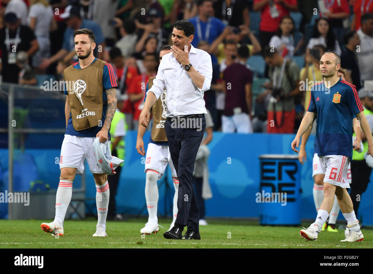 Sochi, Russland. 15th June, 2018. Fernando HIERRO, coach (ESP), skeptical, walks after the end of the game.re:Andres INIESTA (ESP), Portugal (POR) -Spain (ESP) 3-3, Preliminary Round, Group B, Match 1, on 15.06.2018 in SOCHI, Fisht Olymipic Stadium. Football World Cup 2018 in Russia from 14.06. - 15.07.2018. | usage worldwide Credit: dpa/Alamy Live News Stock Photo