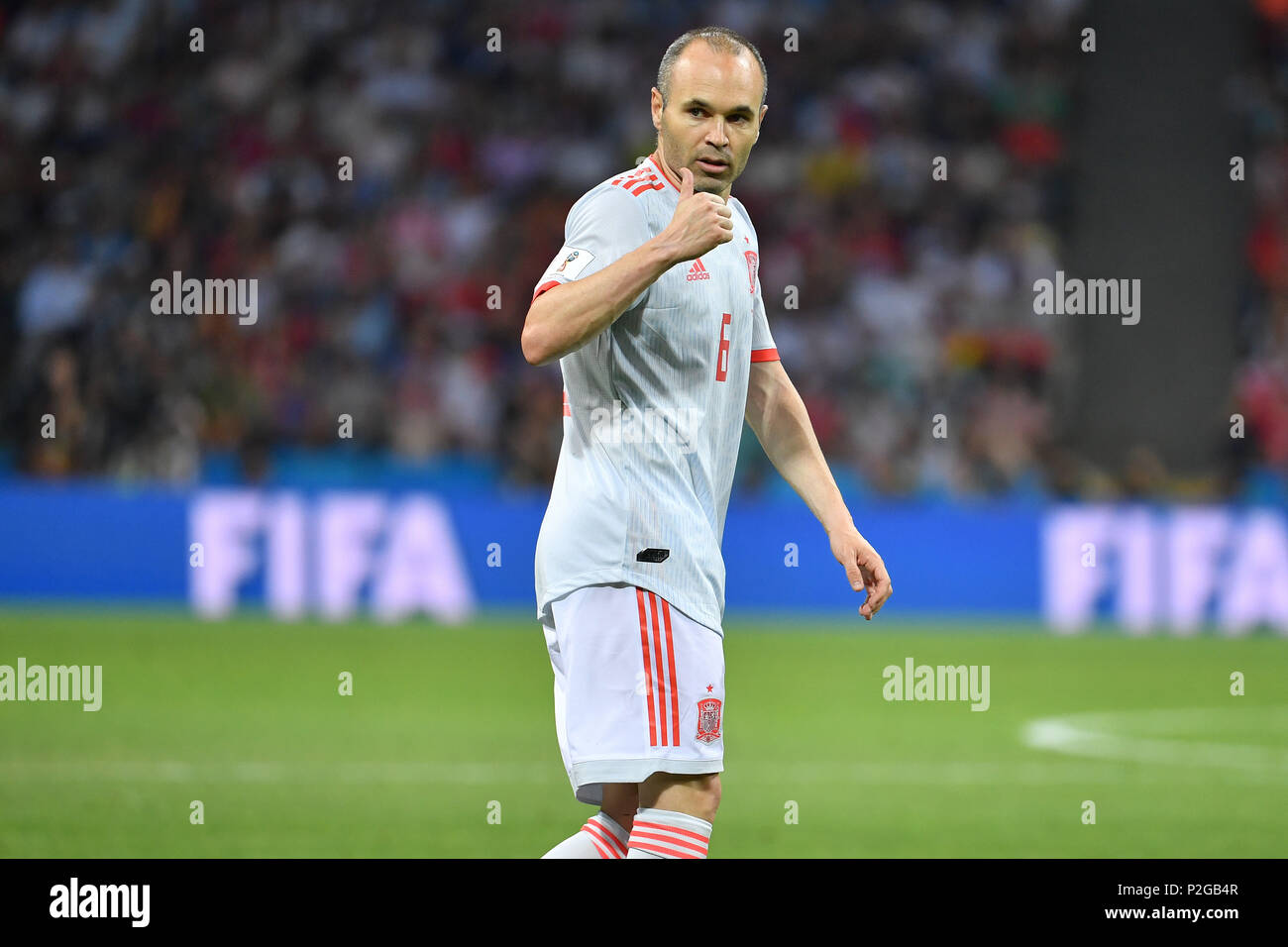 Sochi, Russland. 15th June, 2018. Andres INIESTA (ESP), gesture, gives instructions, action, single picture, single cut motif, half figure, half figure. Portugal (POR) - Spain (ESP) 3-3, Preliminary Round, Group B, Game 1, on 15.06.2018 in SOCHI, Fisht Olymipic Stadium. Football World Cup 2018 in Russia from 14.06. - 15.07.2018. | usage worldwide Credit: dpa/Alamy Live News Stock Photo