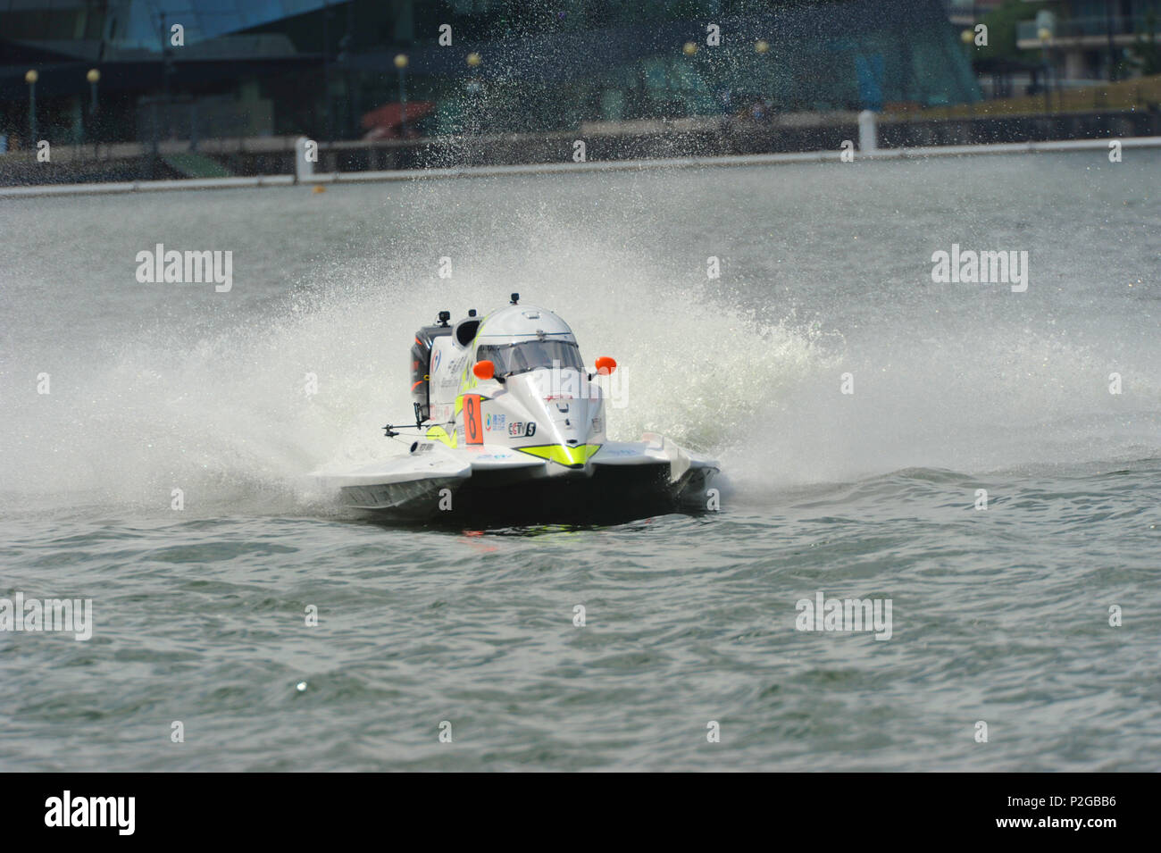 London, UK. 15th Jun, 2018. Peter Morin (FRA, CTIC F1 Shenzhen China) racing in a Formula 1 powerboat free practice session during the UIM F1H2O World Championship, Royal Victoria Dock.  The UIM F1H2O World Championship is a series of international powerboat racing events, featuring enclosed cockpit, catamarans which race around an inshore circuit of around 2km at speeds of up to 136mph/220kmh. Credit: Michael Preston/Alamy Live News Stock Photo