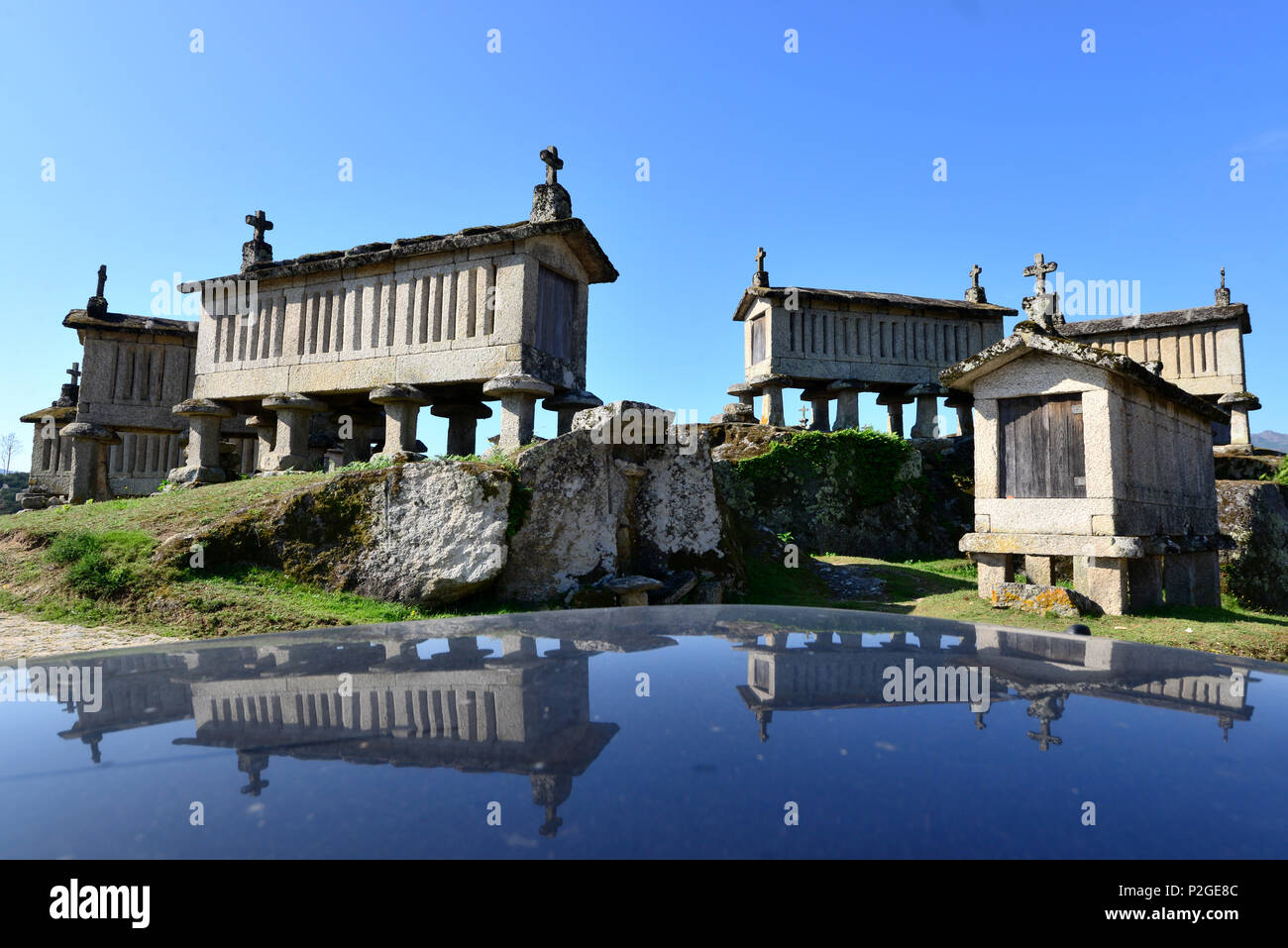 Old grain silos on stilts, Moncao, Rio Minho, Minho, Northwest-Portugal, Portugal Stock Photo