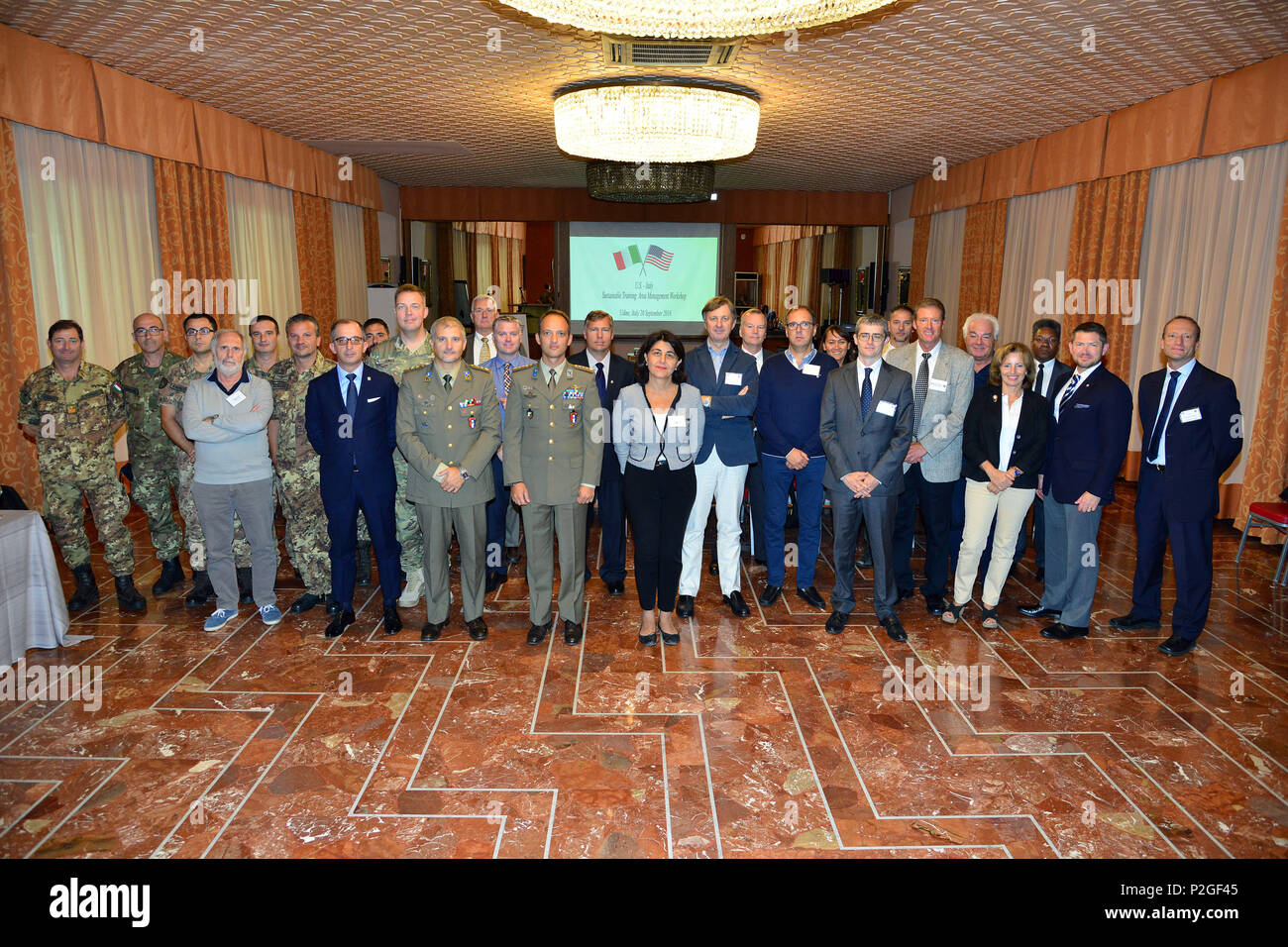Group photo of the participants at the conference on Sustainable Training Area Management Programs, in Udine, Italy, 20 Sept. 2016. (U.S. Army photo by Visual Information Specialist Paolo Bovo/Released) Stock Photo