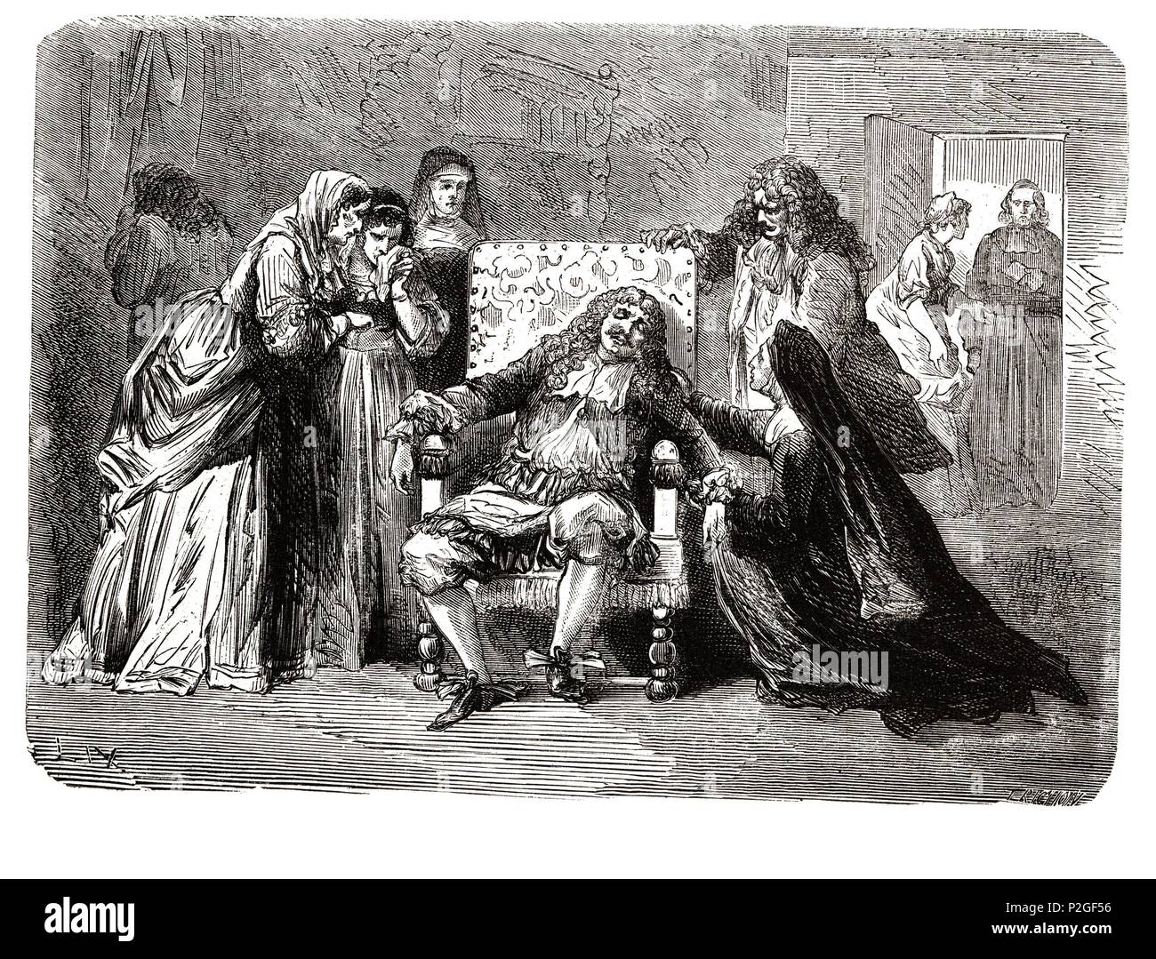 Jean Baptiste Poquelin, llamado "Molière" (1622-1673). Dramaturgo y actor francés. Murió en plena representación de la comedia "El Enfermo Imaginario". Grabado de 1866. Stock Photo