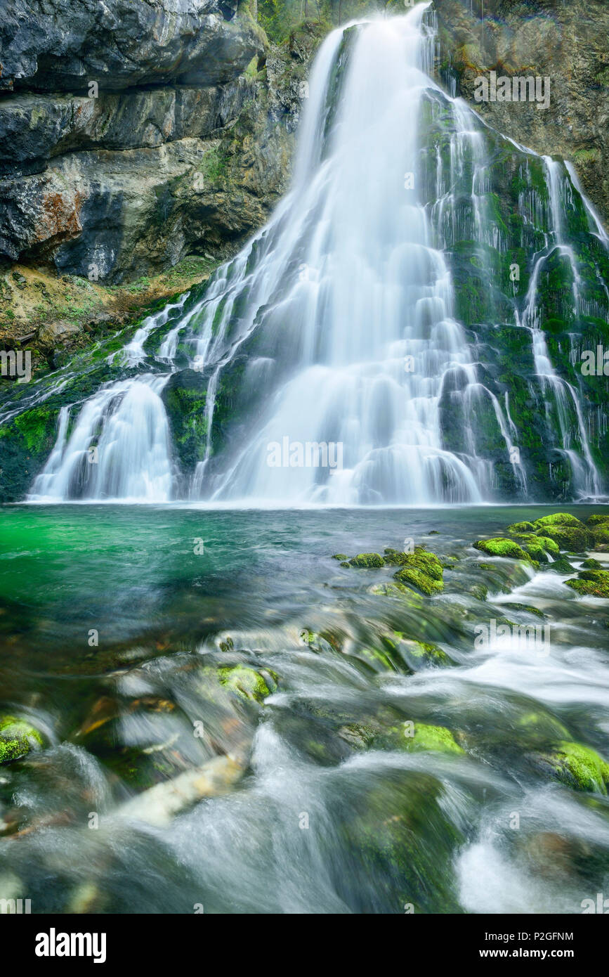 Waterfall cascading in green pond, Gollinger Wasserfall, Golling, Berchtesgaden range, Salzburg, Austria Stock Photo