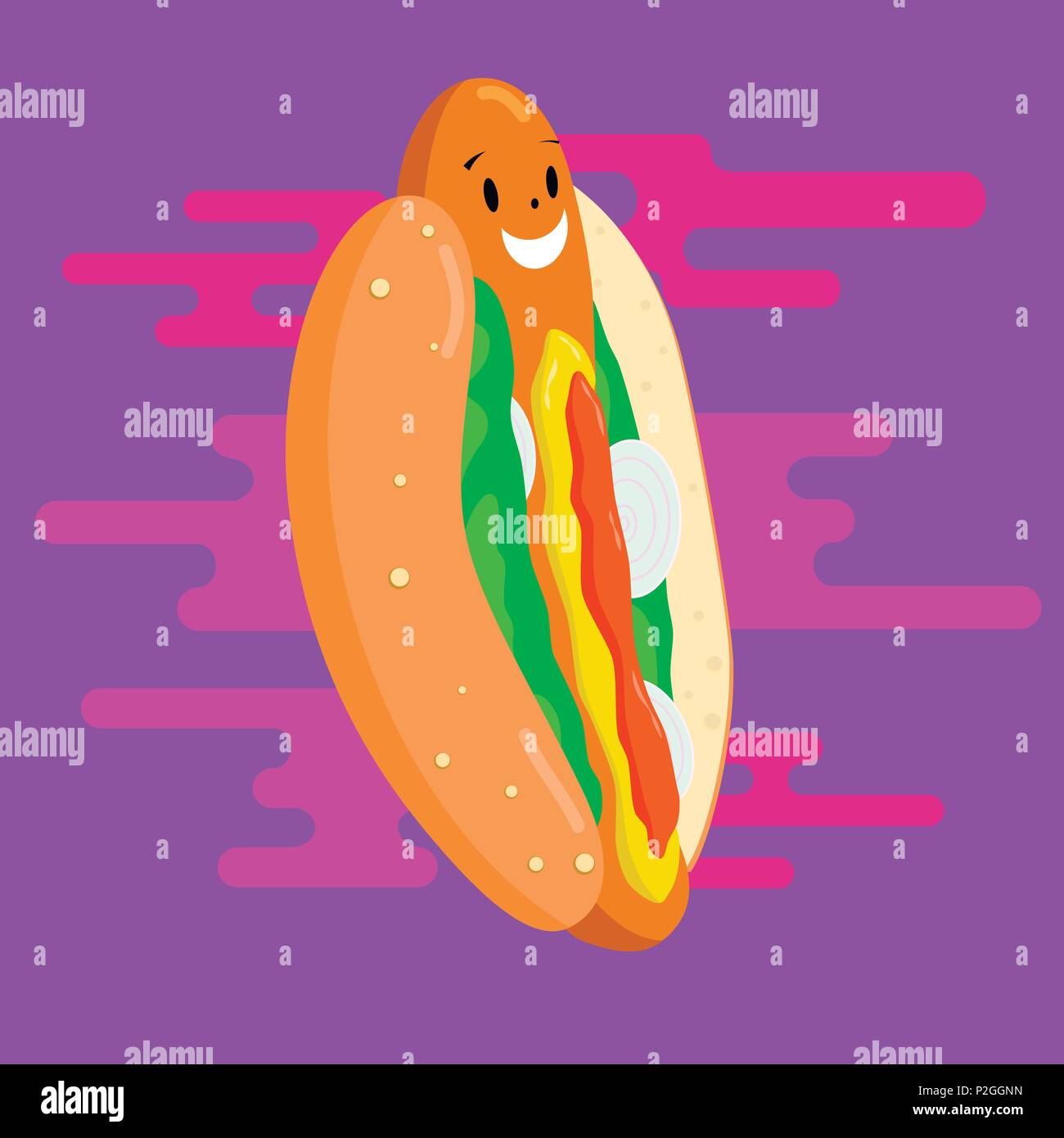 Happy hot dog waiting for a customer. Vector street food illustration. Stock Vector