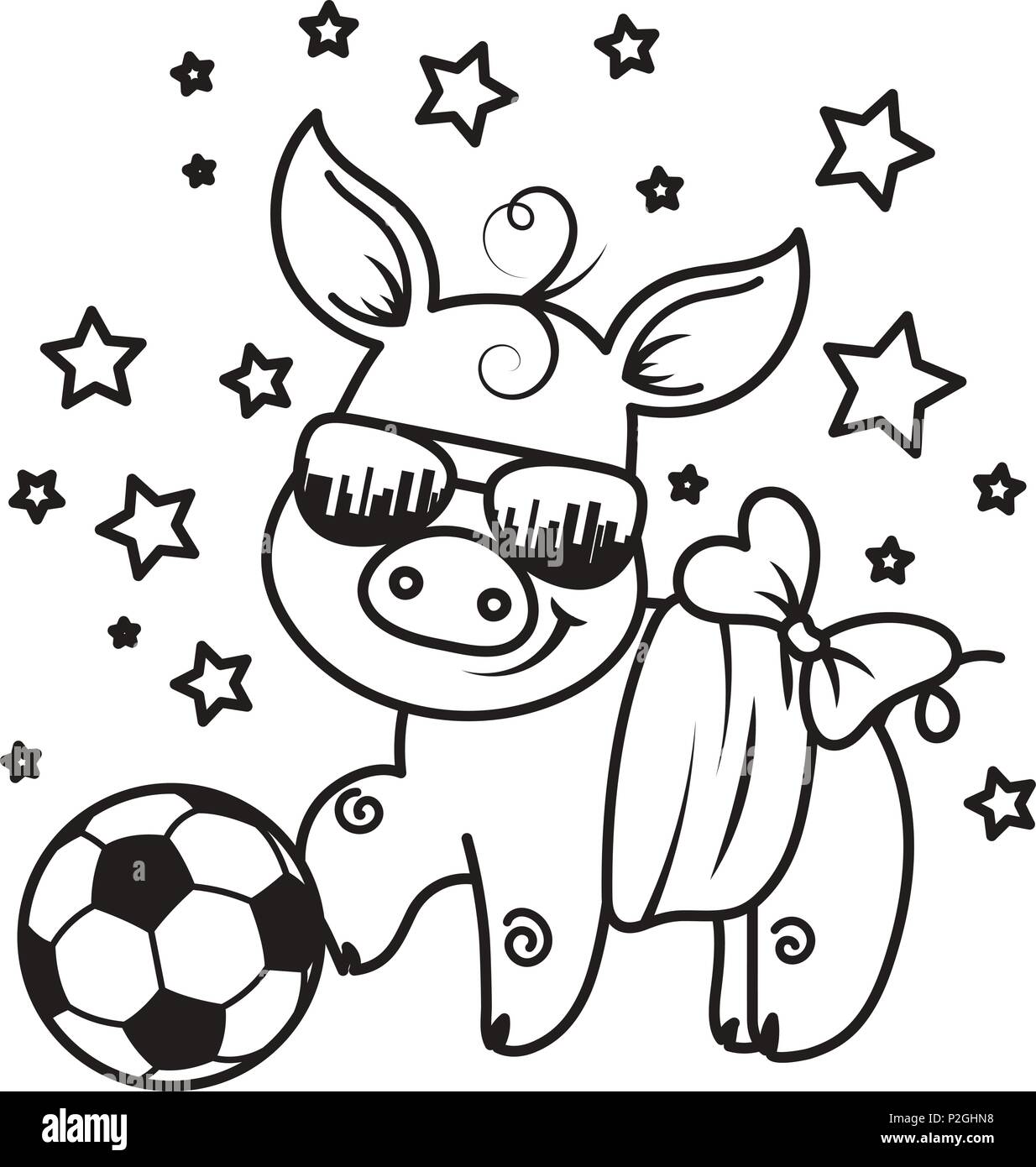 Cute cartoon pig with a soccer ball. Vector illustration. Coloring page ...