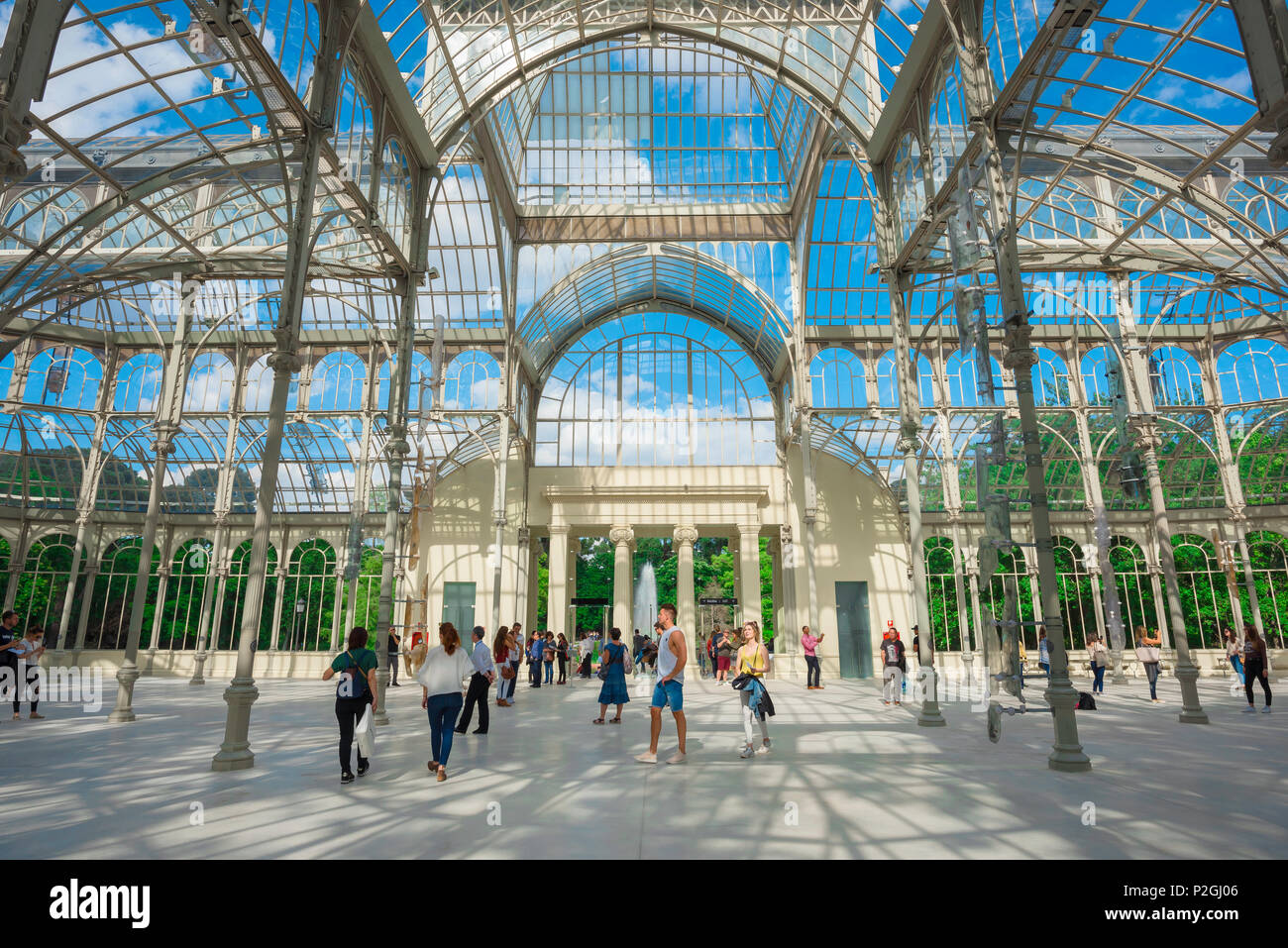 Madrid Retiro Crystal Palace, interior view of the Palacio de Cristal - a glass and wrought iron building in the Parque del Retiro in Madrid, Spain. Stock Photo