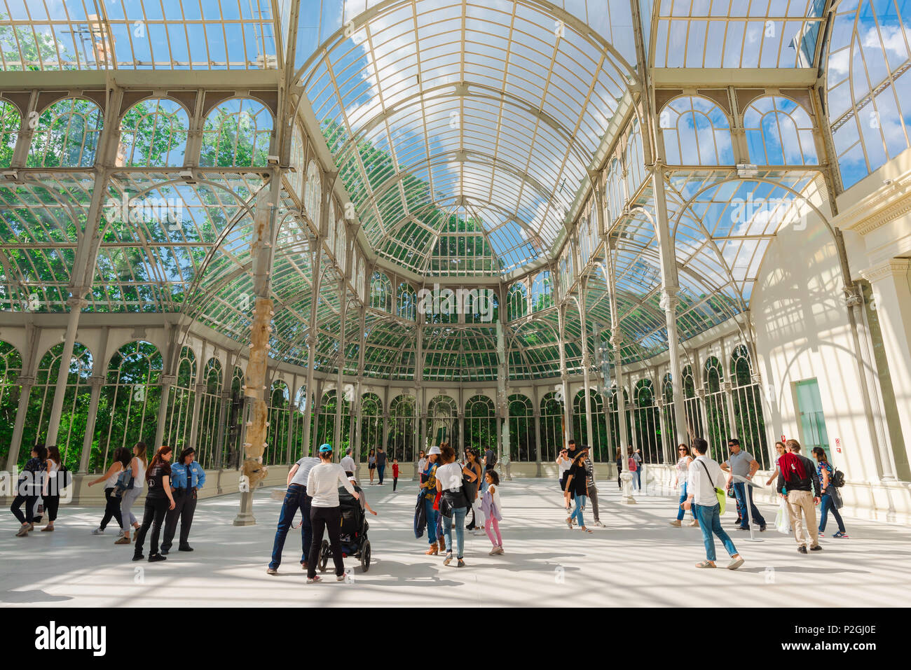 Madrid Retiro Crystal Palace, interior view of the Palacio de Cristal - a glass and wrought iron building in the Parque del Retiro in Madrid, Spain. Stock Photo