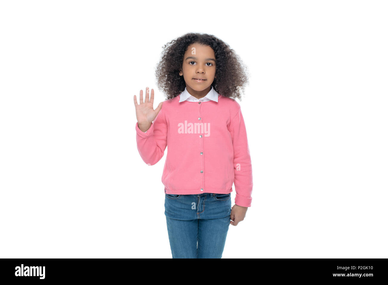 little happy african american girl waving at camera, isolated on white ...
