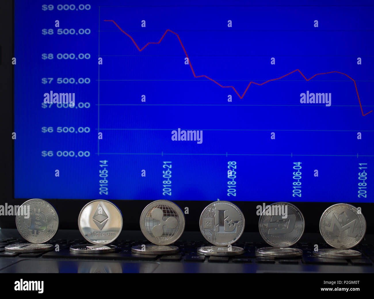 On a notebook are silver and gold coins - bitcoin, litecoin, ripple,  ethereum, dash and monero. On background is monitor of notebook with graph  of pri Stock Photo - Alamy