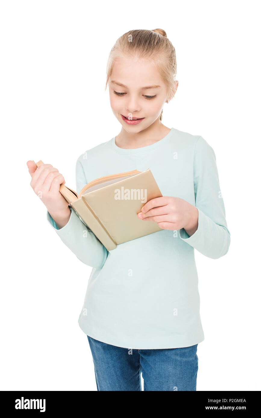 beautiful little girl reading book isolated on white Stock Photo - Alamy