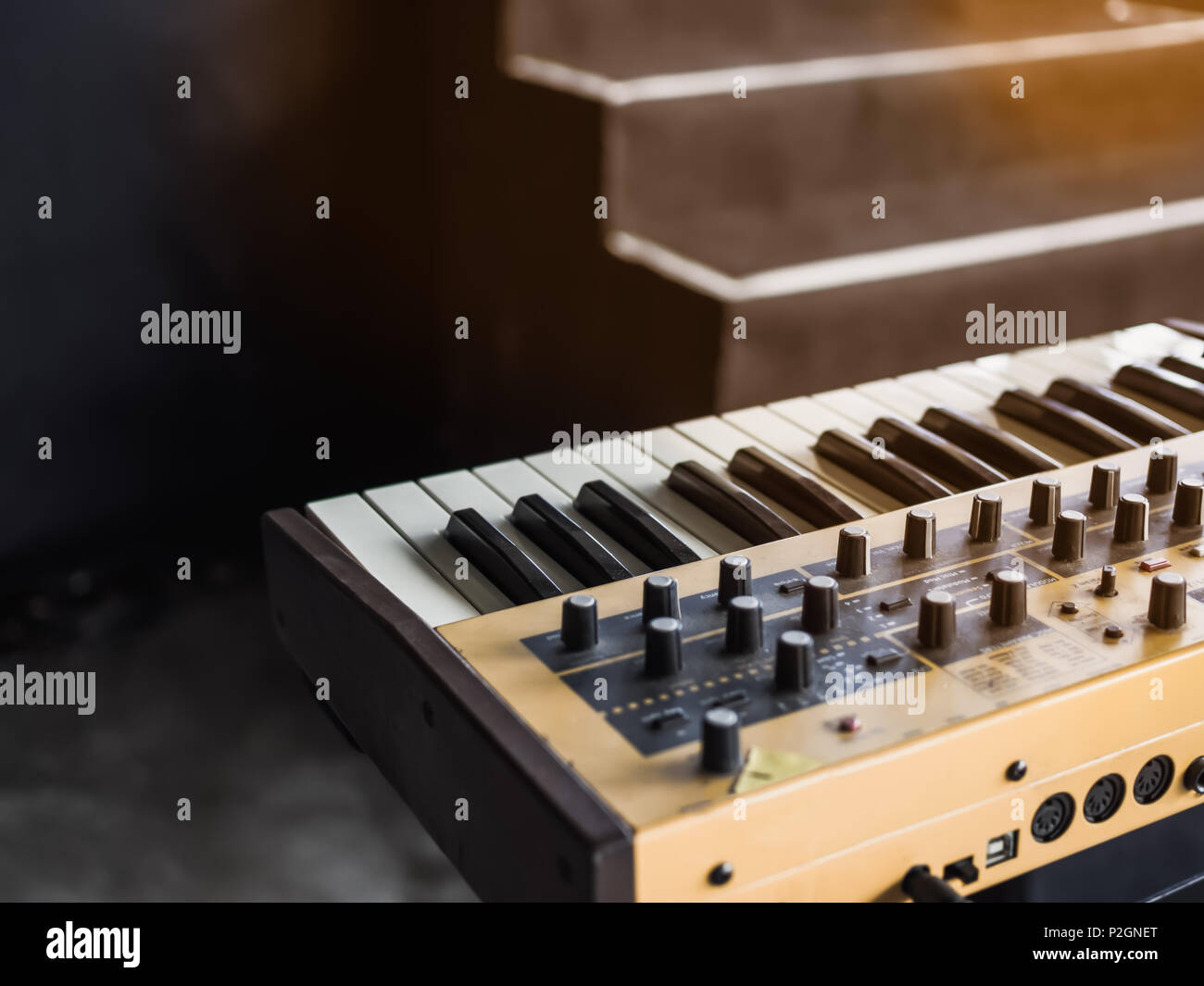 Synthesizers Keyboard, Equipment in Concert Backstage Ready to Play Stock Photo