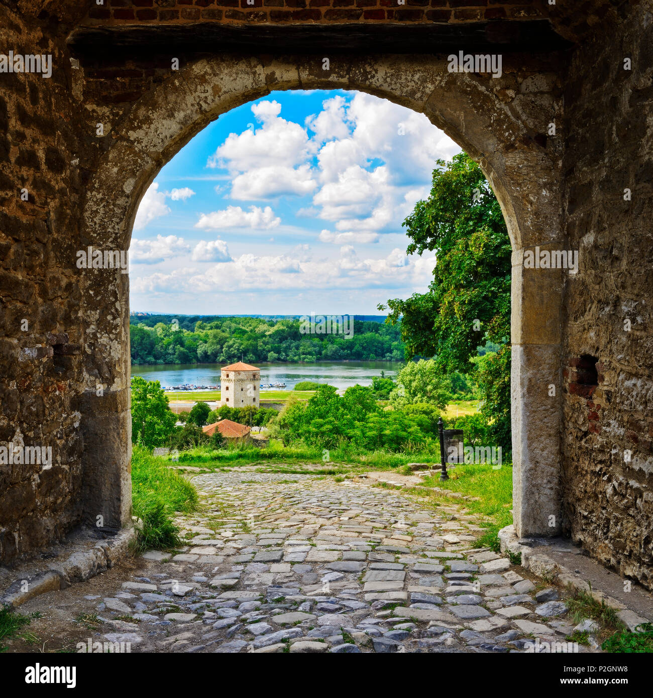 Belgrade Fortress, Scenic view through an archway towards the river Danube, Belgrade, Serbia Stock Photo