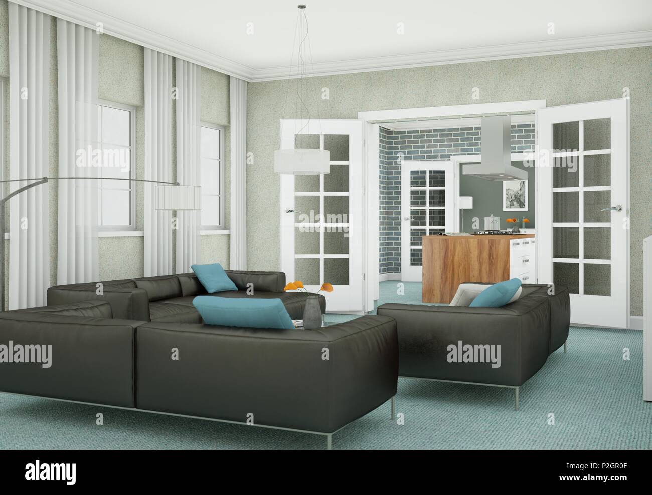 Modern living room interior design with black leather sofas 3d ...