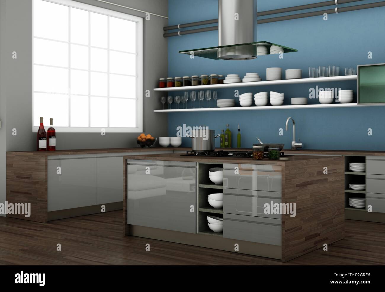 3d Illustration of grey modern kitchen in a loft with beautiful design ...