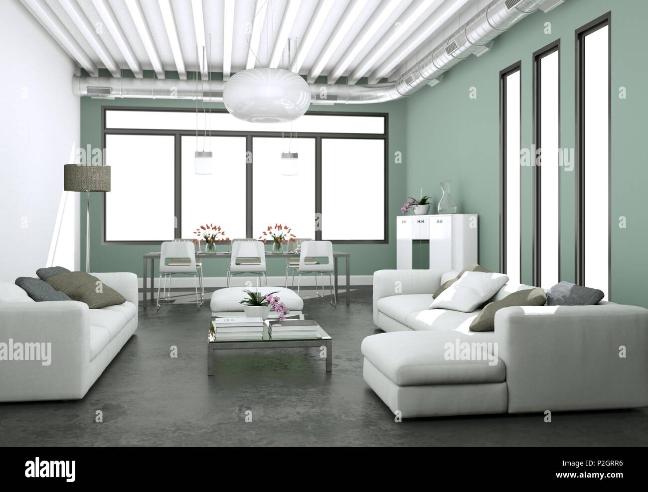 Modern bright living room interior design with sofas and grey walls 3d ...