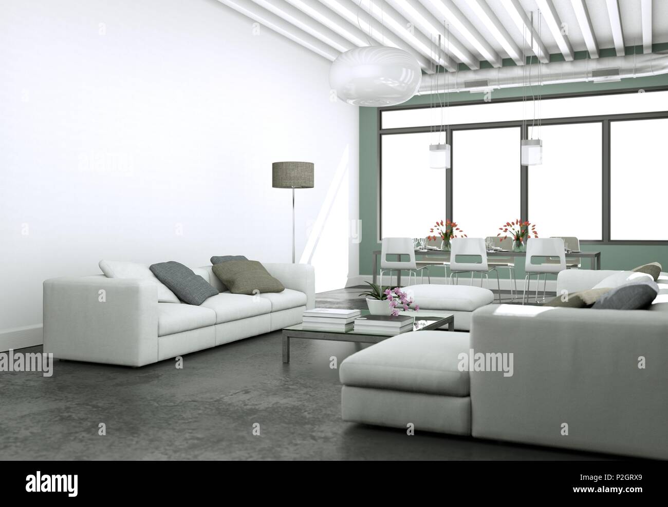 Modern bright living room interior design with sofas and grey walls 3d ...