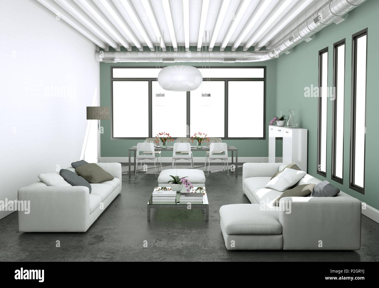 Modern bright living room interior design with sofas and grey walls 3d ...