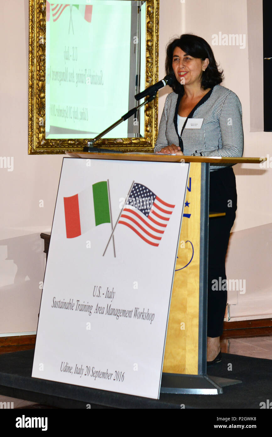 Dott.ssa Mariagrazia Santoro, from Region Friuli Venezia Giulia, addresses members of United States Army, the Italian Army, Italian authorities and Italian Civilians from 12th Infrastructure Command on Sustainable Training Area Management Programs, in Udine, Italy, 20 Sept. 2016. (U.S. Army photo by Visual Information Specialist Paolo Bovo/Released) Stock Photo