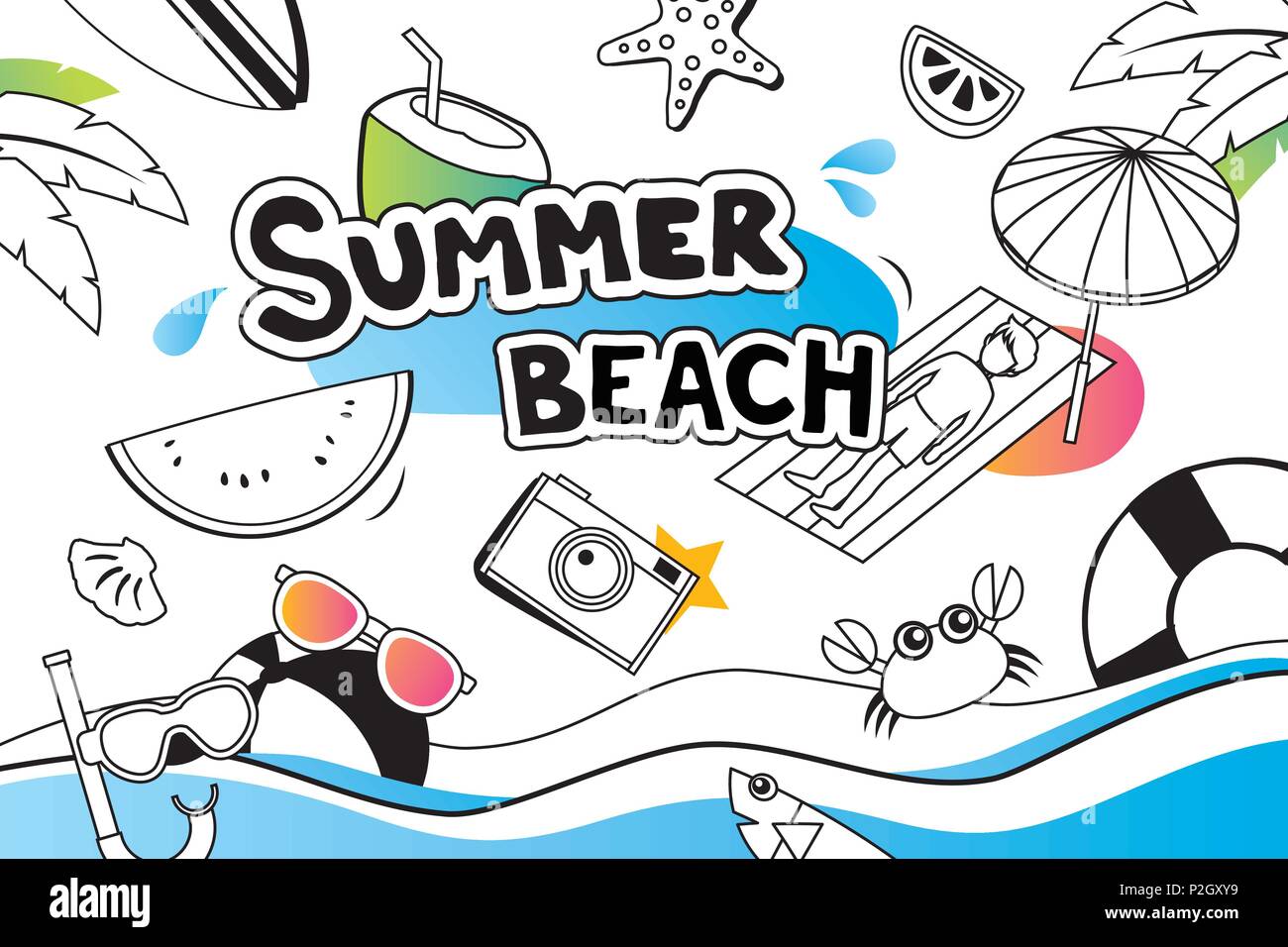 Summer doodle symbol and objects icon design for beach party background. Invitation hand drawn style. Use for labels, stickers, badges, poster, flyer, Stock Vector