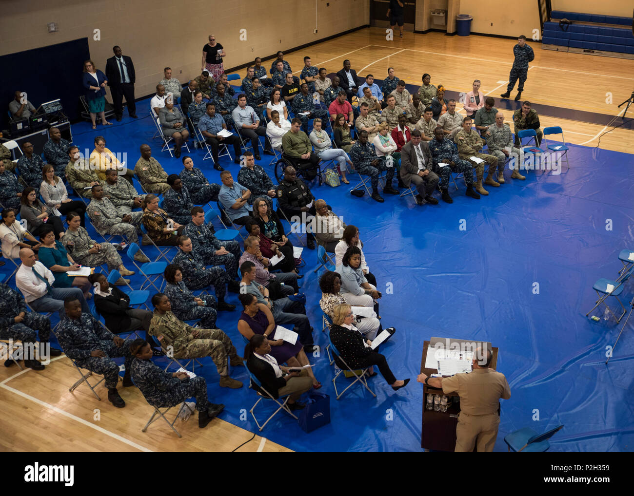 During NSAB's Suicide Prevention Town Hall speakers included those who have lost loved ones to suicide as well as a first  a responder who has dealt with suicide in the line of duty. Speakers shared personal stories on how their family member's suicide has affected them, and the steps they have taken during the healing process. (U.S. Navy photo by Mass Communication Specialist 3rd Class William Phillips/Released) Stock Photo