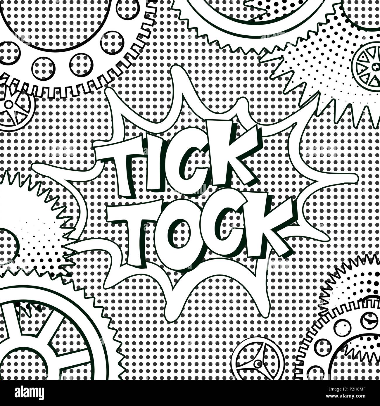 Vector illustration in retro mid century comic books style - tick-tock words in frame of clock gears on black and white halftone background Stock Vector