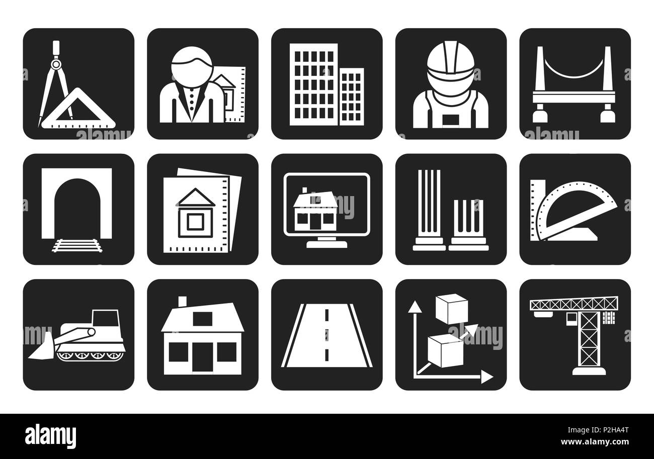 Silhouette architecture and construction icons - vector icon set Stock ...