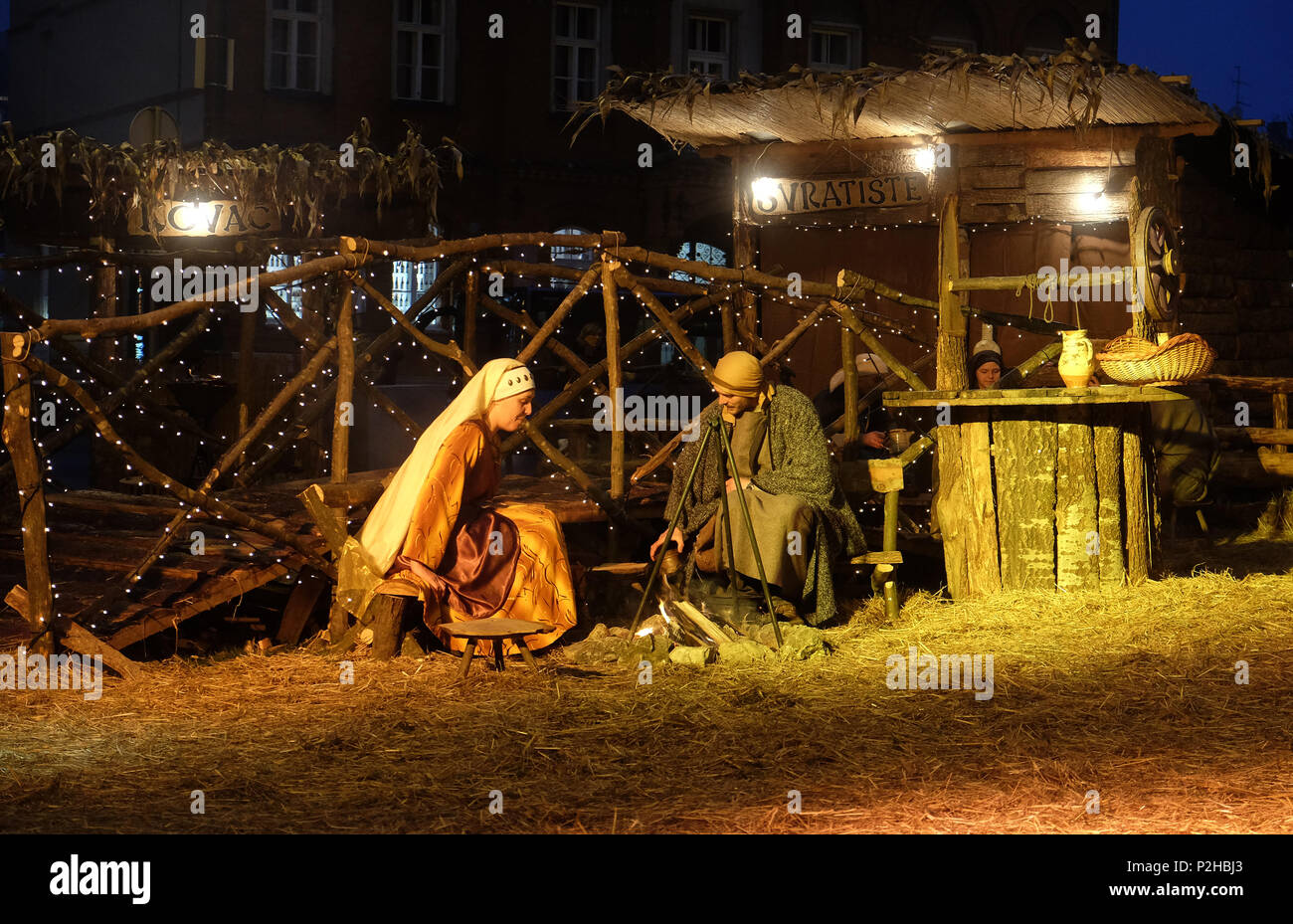Community Cenacolo organizes live Christmas nativity scene in front of Zagreb Cathedral Stock Photo