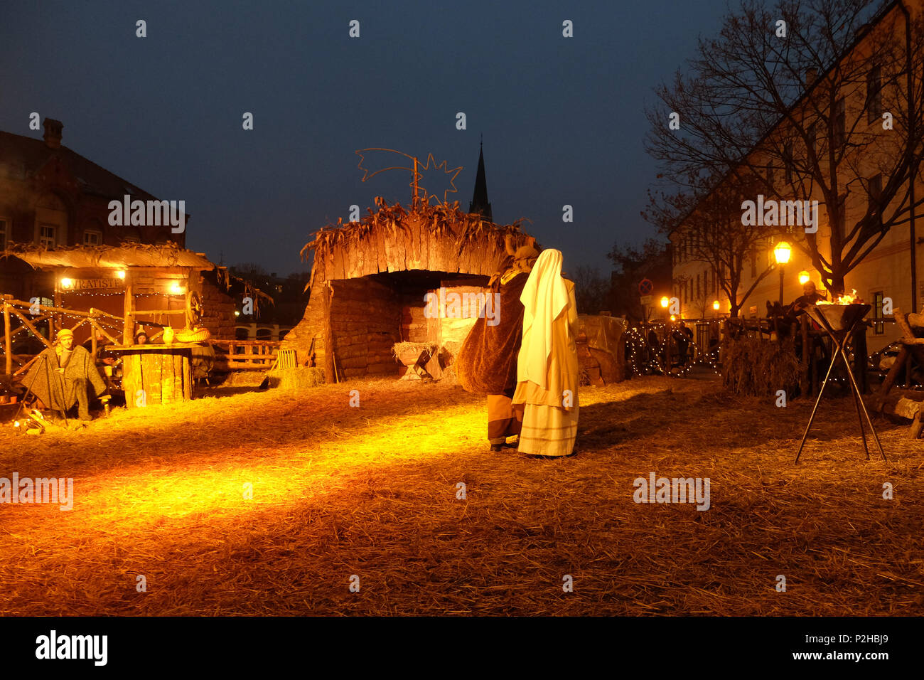 Community Cenacolo organizes live Christmas nativity scene in front of Zagreb Cathedral Stock Photo