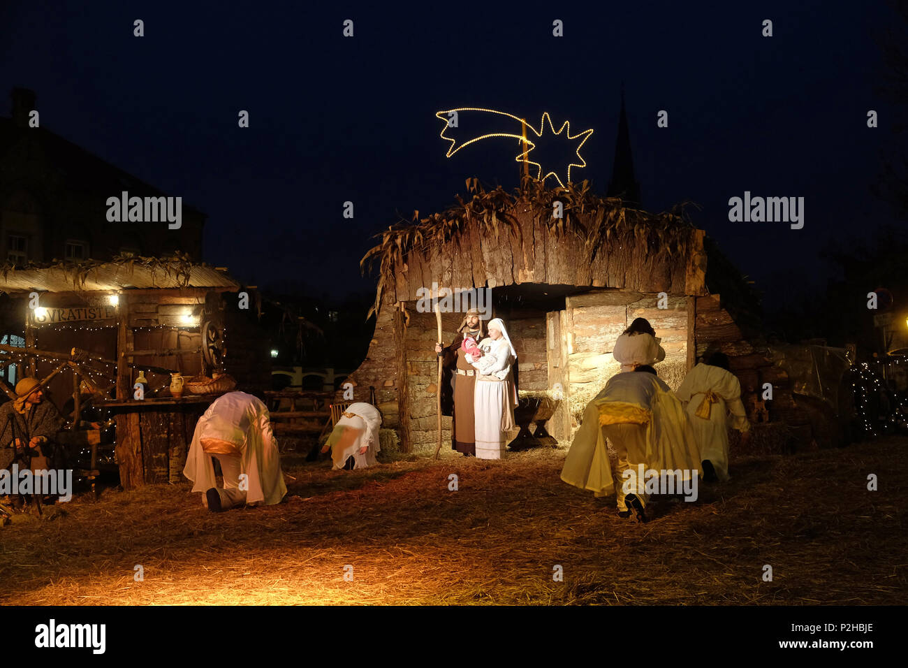 Community Cenacolo organizes live Christmas nativity scene in front of Zagreb Cathedral Stock Photo