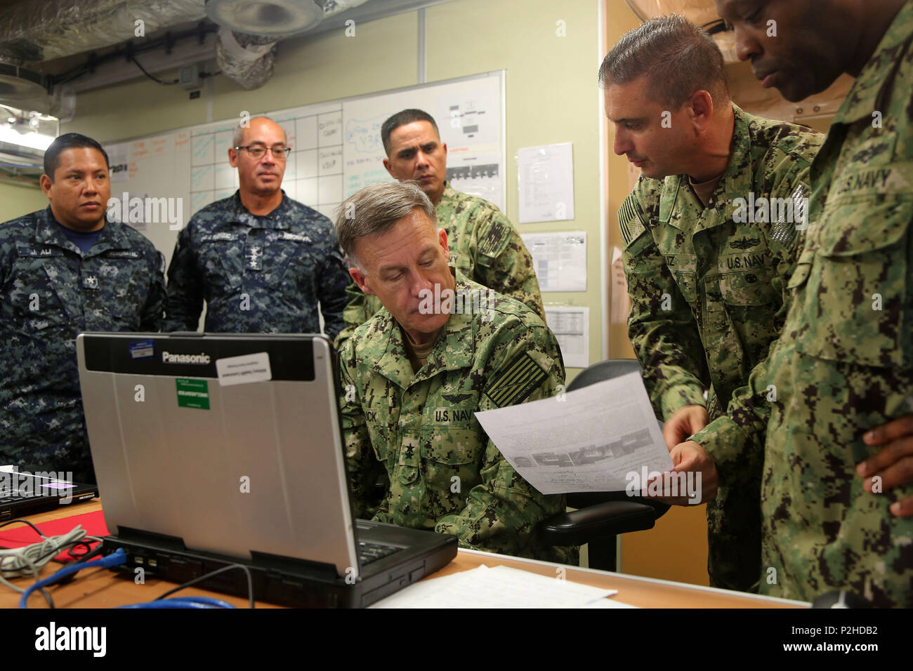 GULF OF PANAMA (Sept. 25, 2016) - Rear Adm. Sean Buck, Commander, U.S. Naval Forces Southern Command and Commander of U.S. 4th Fleet, and Capt. Angel Cruz, Deputy Commander, Destroyer Squadron 40, discuss UNITAS 2016 mission and strategic objectives while on board USNS Spearhead (T-EPF 1). UNITAS, Latin for 'unity,' is an annual multinational exercise designed to enhance South American and U.S. naval and public security forces cooperation and improve joint maritime operations. (U.S. Navy Photo by Mass Communication Specialist 1st Class Jacob Sippel) Stock Photo