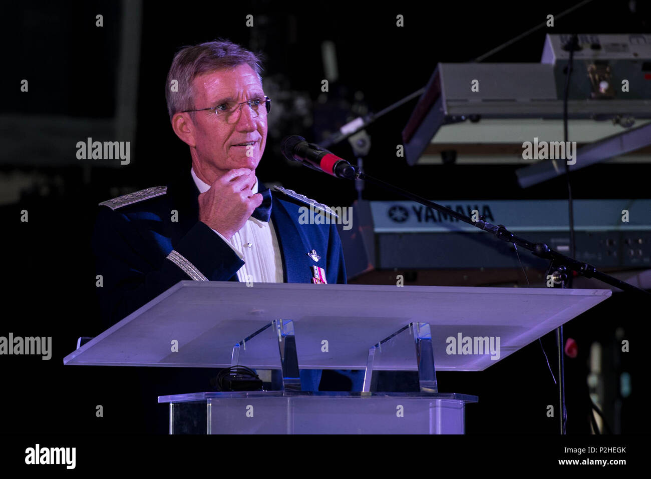 U.S. Air Force Gen. Hawk Carlisle, Air Combat Command commander, speaks during the 100-year Gala celebration at the Hampton Roads Convention Center in Hampton, Va., Sept. 17, 2016. Carlisle discussed the history of Langley Field and the conditions the men faced who started construction in 1916. (U.S. Air Force photo by Airman 1st Class Derrick Seifert) Stock Photo