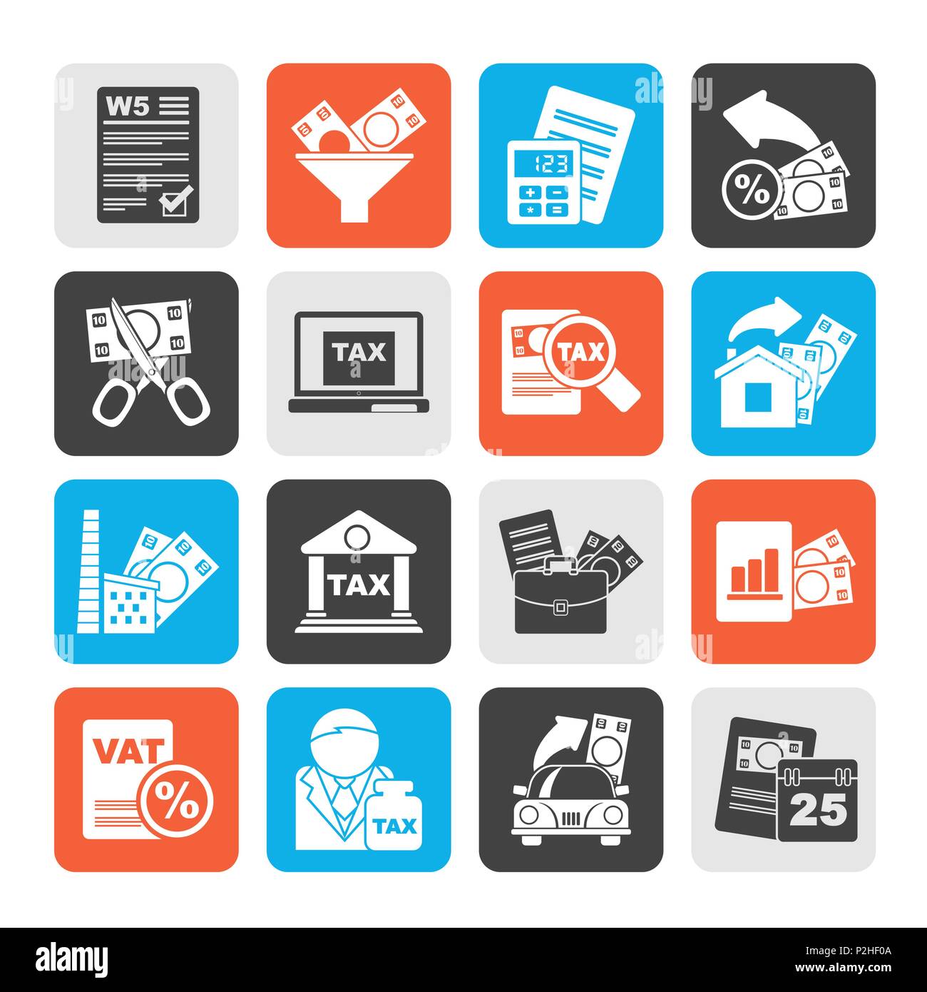Silhouette taxes, business and finance icons - vector icon set Stock Vector