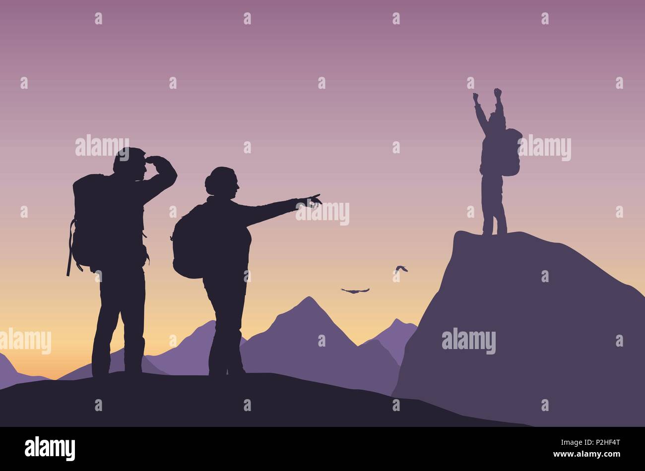 One successful tourist and two losers in mountain landscape - vector Stock Vector