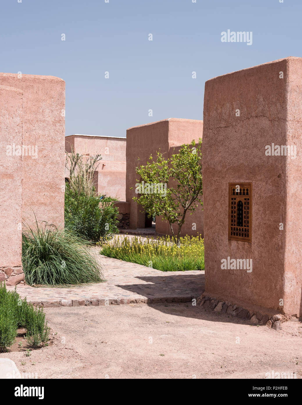 Exterior facade of adobe Berber style lodges with courtyard of lemon trees, bamboo and moroccan wild plants Stock Photo