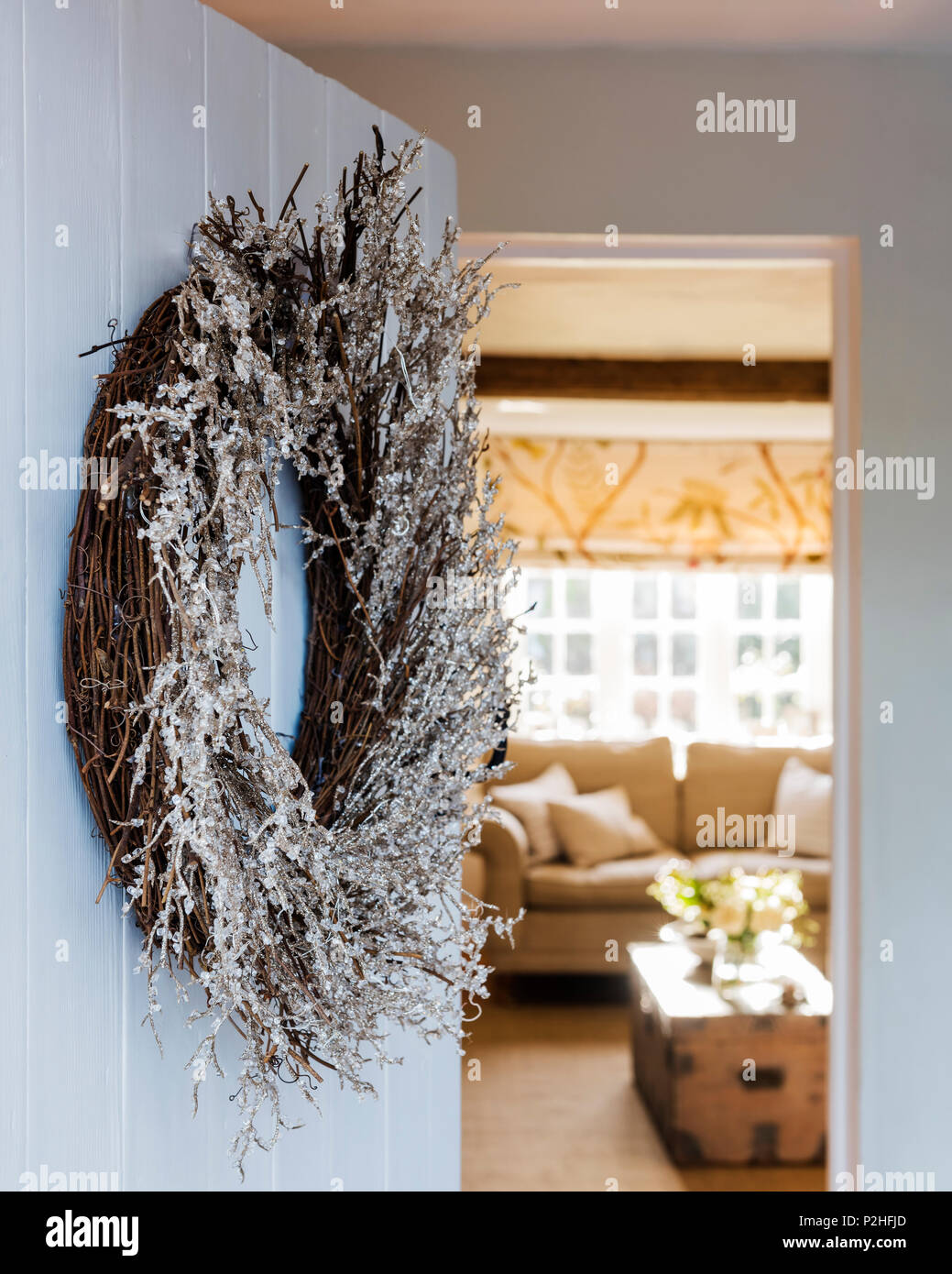 Indoor frosted style wreath from the White Company Stock Photo