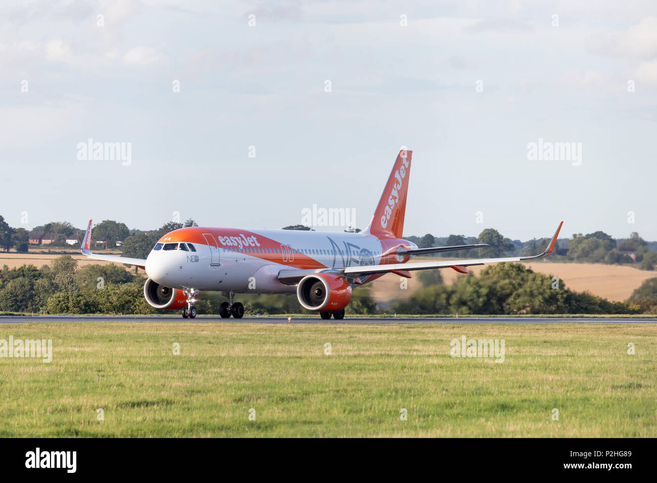 easyJet Airbus A320 NEO registration G-UZHA taking off on August 18th 2017 from London Luton Airport, Bedfordshire, UK Stock Photo