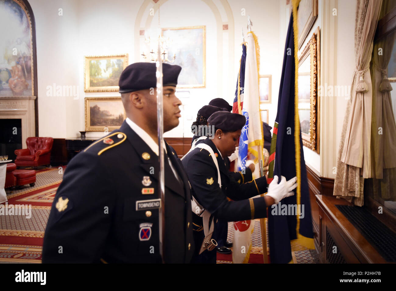 Army Reserve soldiers, assigned to the 85th Support Command, present the colors during the 70th reunion of Easy Company, 2nd Battalion, 506th Parachute Infantry Regiment, 101st Airborne Division at the Union League Club of Chicago, September 24, 2016. The famed Easy Company became widely known in part due to an HBO mini series called Band of Brothers. The 506th PIR was an experimental airborne regiment created in 1942 in Toccoa, Georgia that served in World War II.  (U.S. Army photo by Sgt. Aaron Berogan/Released) Stock Photo
