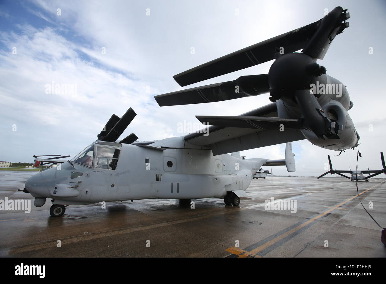 A U.S. Marine Corps MV-22 Osprey Tiltrotor aircraft is parked on the ...