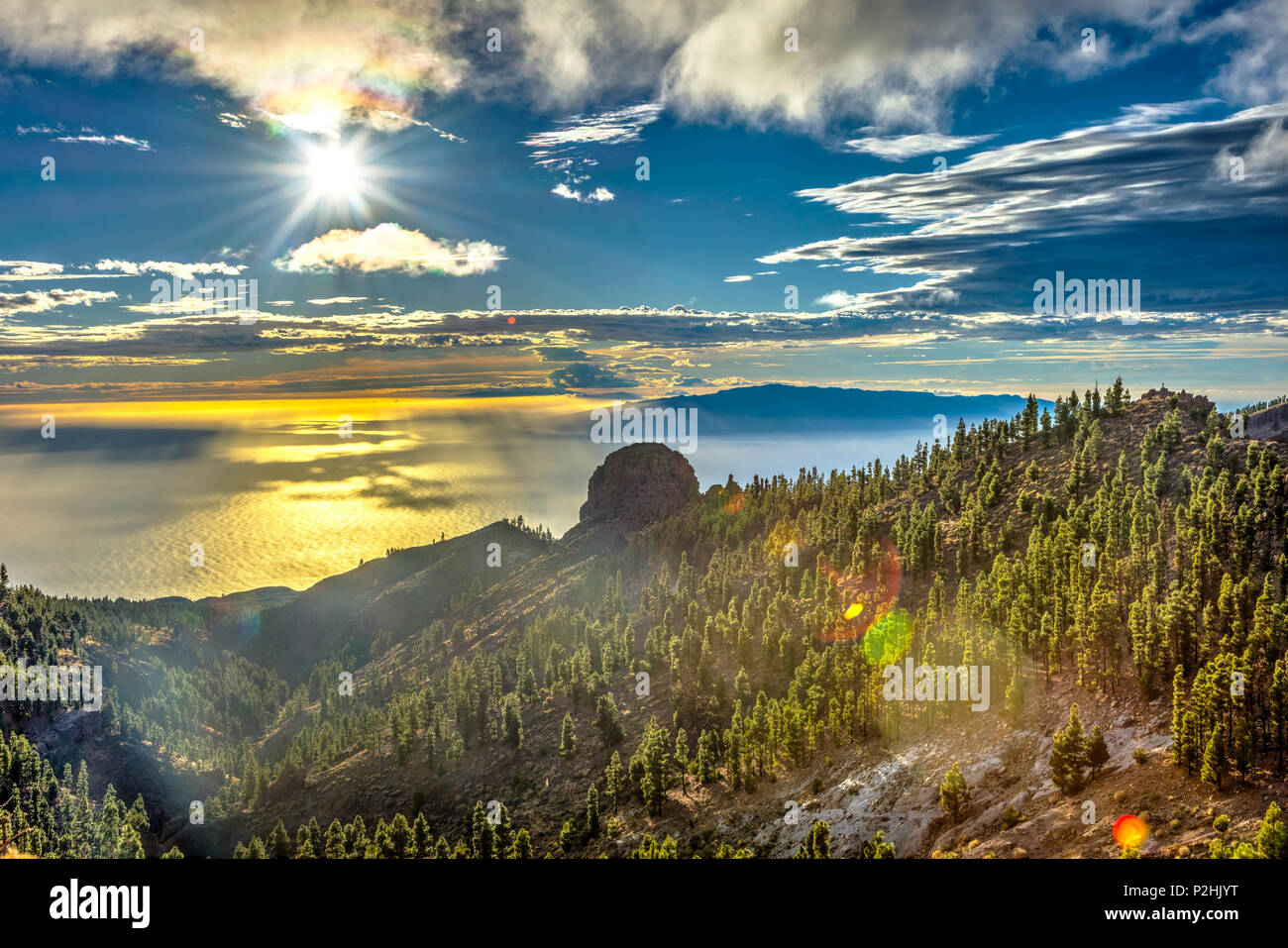 Scenic view over forest, mountains and sea in sunflare, Tenerife, Canary islands Stock Photo
