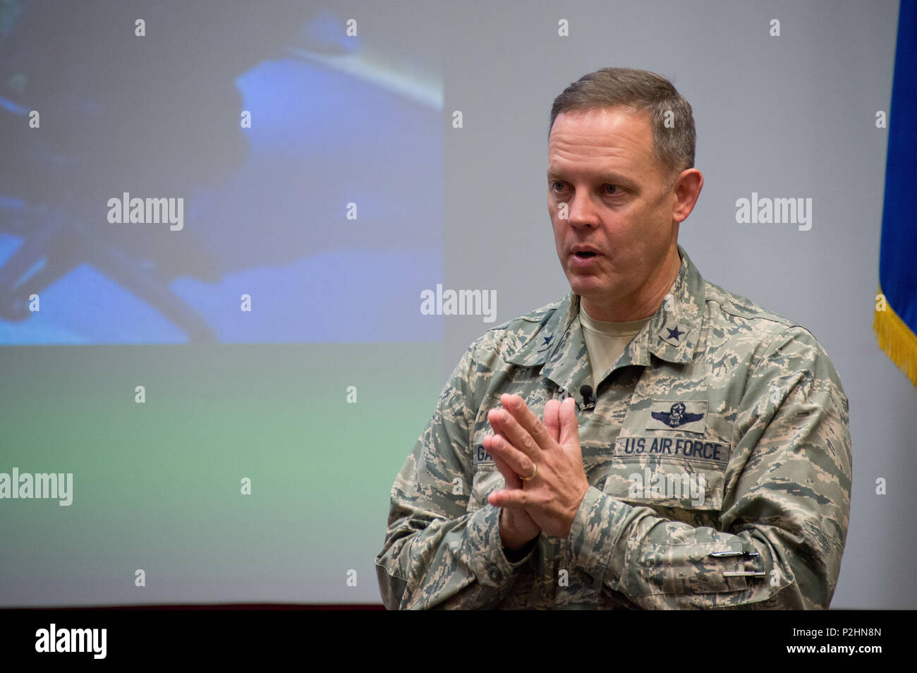 Maxwell AFB, Ala. - Brigadier General Steven D. Garland, Commander, Jeanne M. Holm Center for Officer Accessions and Citizen Development, speaks about space and its potential future capabilities at the River Region Forum, September 29, 2016. The River Region Forum is a community engagement event which brings civic leaders to Maxwell to meet with base leadership, exchange ideas, and receive a presentation from a commander or Air University commandant.  (US Air Force photo by Melanie Rodgers Cox/Released) Stock Photo