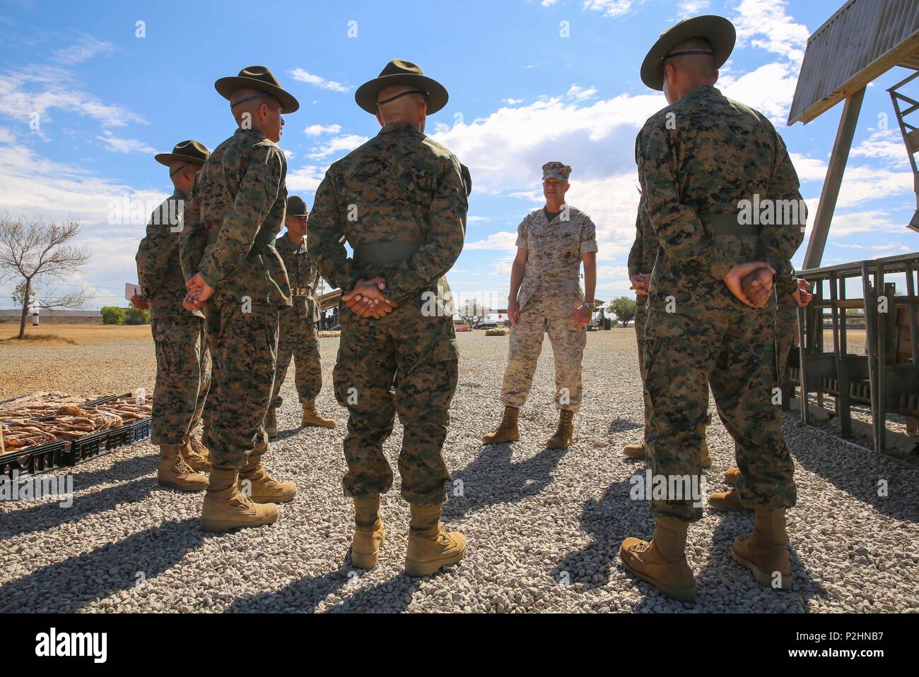 Colonel David W. Edson, Assistant Chief of Staff G-1, Marine Forces  Reserve, speaks to drill instructors of Mike Company, 3rd Recruit Training  Battalion, during his visit to Marine Corps Base Camp Pendleton,
