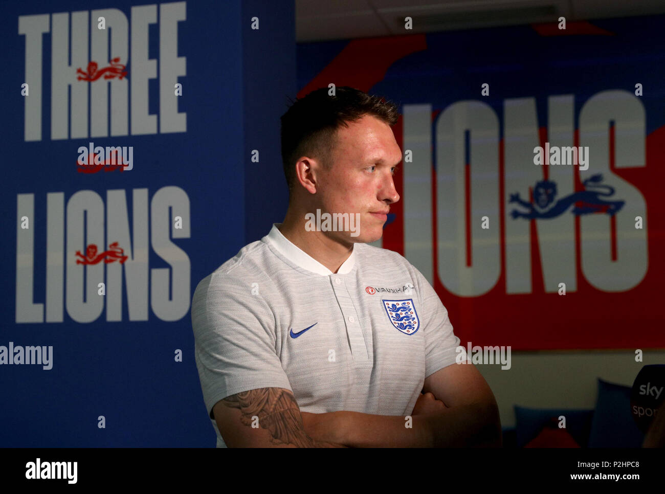 Embargoed until 10:30 Friday 15th June 2018. England's Phil Jones during the press conference at Repino Cronwell Park, Repino. Stock Photo