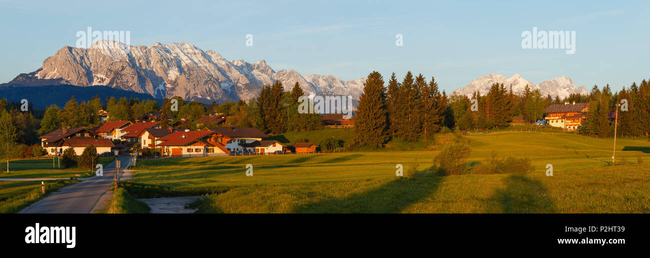 Kruen, village near Mittenwald with Karwendel and Wetterstein mountains in the background, Zugspitze, Spring, Werdenfelser Land, Stock Photo