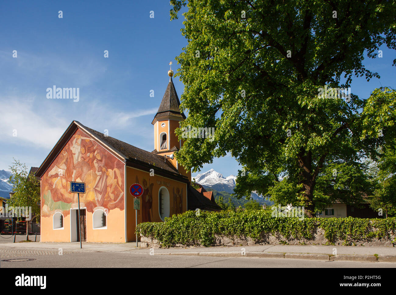 Sebastianskapelle, chapel of Saint Sebastian, 17th. - 18th. century, Wetterstein mountains, Alpspitze, in Spring, Partenkirchen, Stock Photo